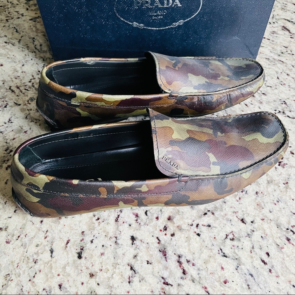 RUNWAY PRADA GREEN CAMO PRINT LEATHER CAMOUFLAGE SLOAFERS MENS SHOES (No Box) - Picture 5 of 7